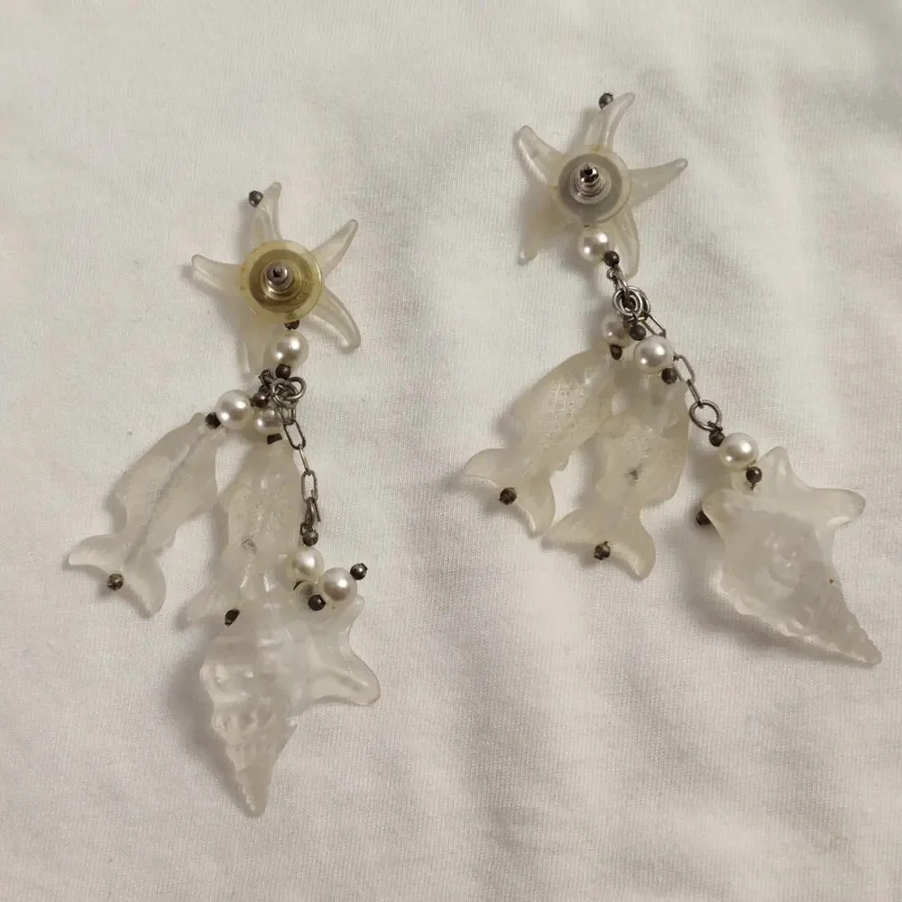 Vintage Mermaidcore Nautical Dangle Earrings Frosted Acrylic Shells Fish